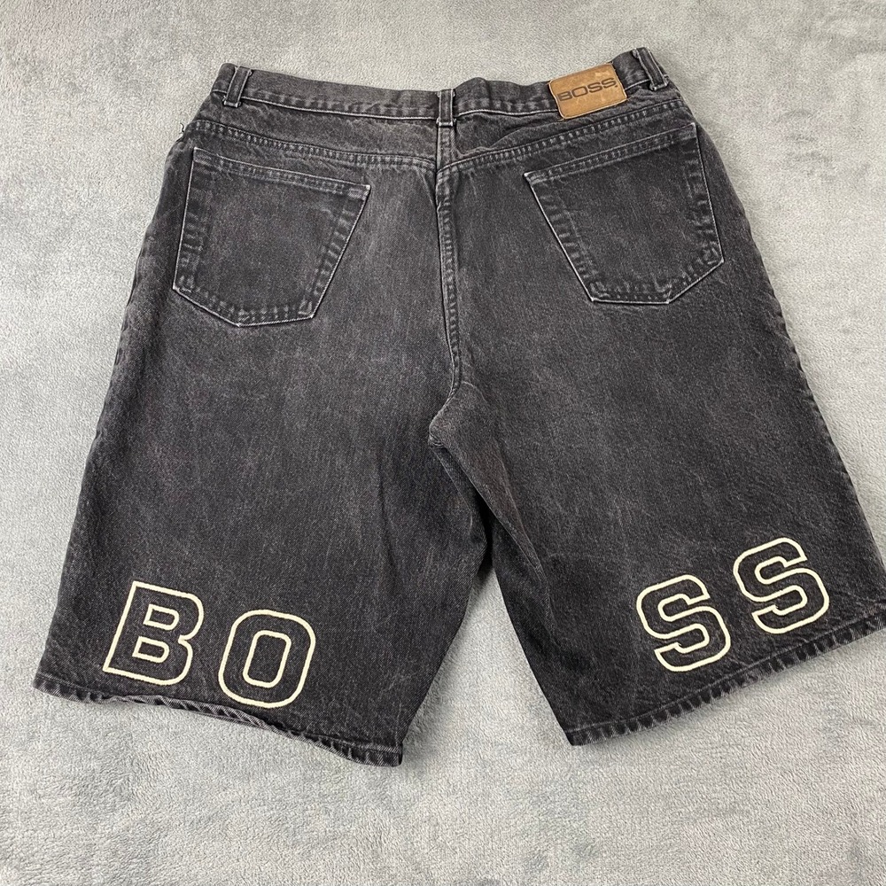 Vtg 90s BOSS Mens 38 Denim Shorts Y2K Black Graphic Baggy Made in USA Brookhurst